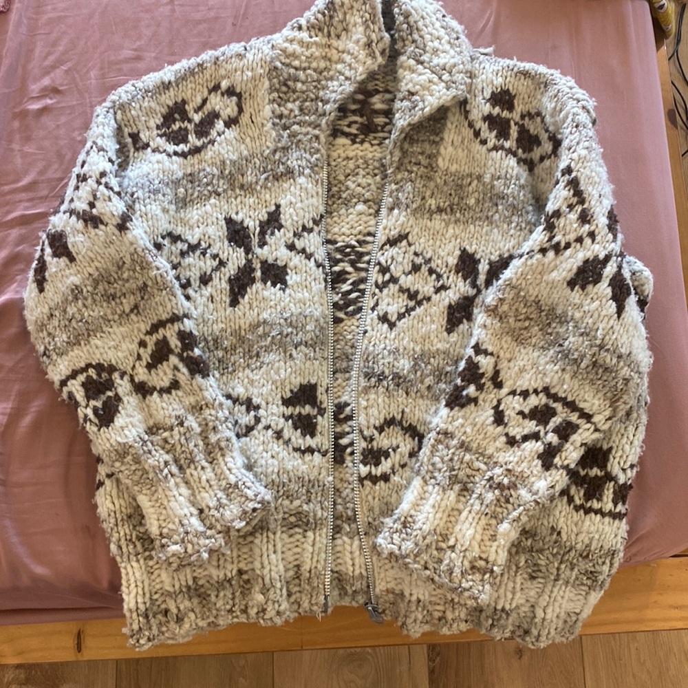 Vintage Cowichan Chunky Cream & Brown Zip-Front Women's Sweater